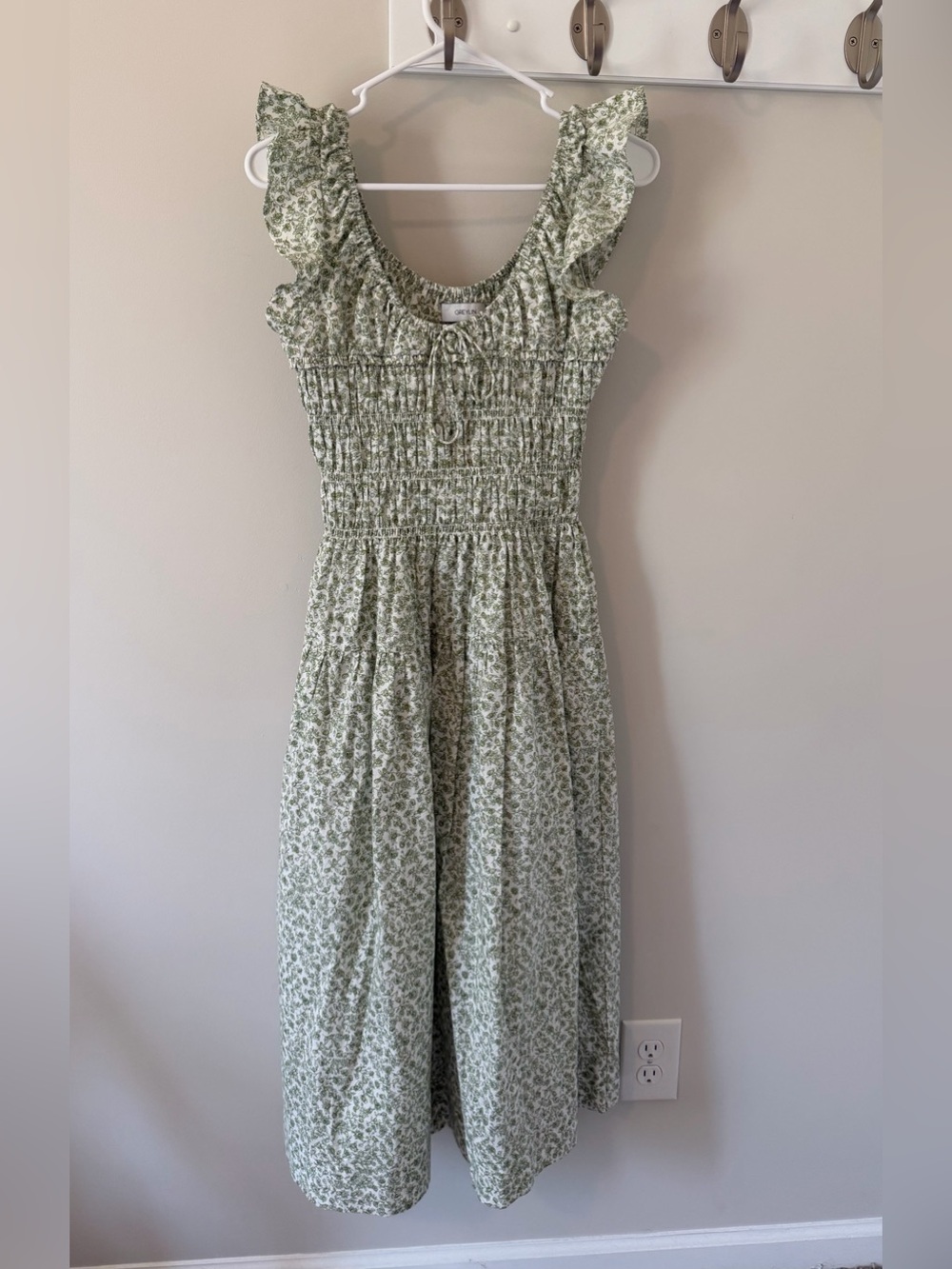 Anthropologie Greylin Floral Smocked Midi Dress Green White Sz XS Ruffle Sleeves